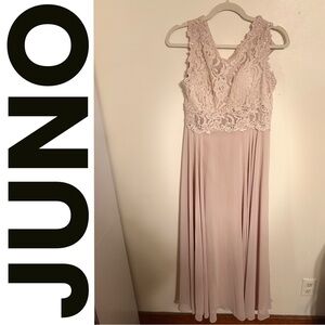 JUNO Lace & Chiffon Embellished Formal Gown – Light Beige Maxi Dress Weddings